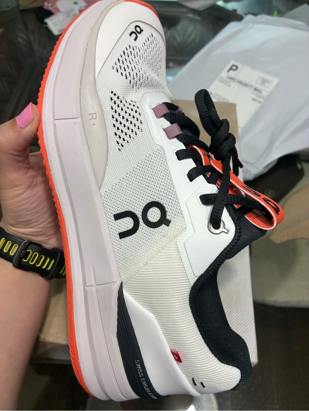 On Running Women's White and Coral Performance Sneakers - Picture 3 of 5